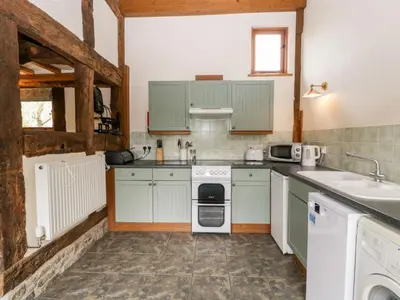 a kitchen with green cabinets and a sink at Stable End in Pembridge