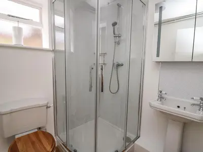 a bathroom with a shower and a toilet and a sink at Trout Cottage in Llandrindod Wells