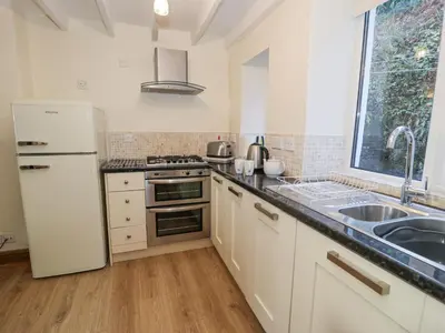 a kitchen with a white refrigerator and a sink at Ty Gwyn in Aberdyfi