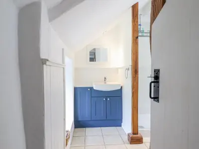 a bathroom with a blue cabinet and a sink at Haulfryn in Llangynog