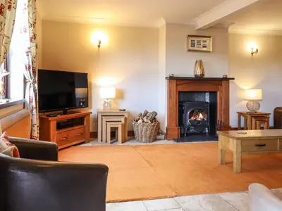 a living room with a fireplace and a television at Ty Newydd in Pont Dolanog