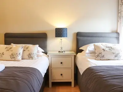a bedroom with two beds and a lamp on a night stand at Ty Newydd in Pont Dolanog