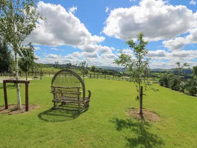 a bench sitting in a field next to a tree at Valley View in Rhayader