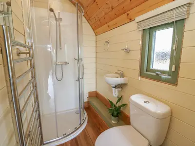 a bathroom with a shower and a toilet and a sink at Valley View in Rhayader