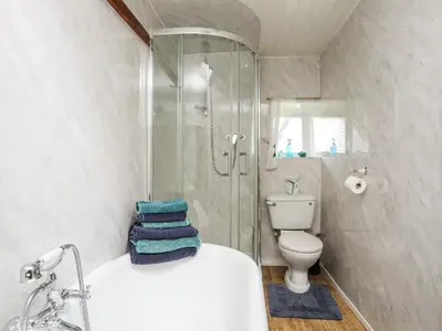 a bathroom with a shower and a sink and a toilet at Hendy Cottage in Llanbedr