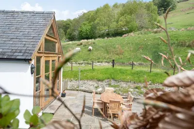 a house with a table and chairs and a horse in a field at Pen Y Bont in Llangollen