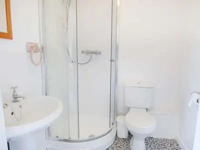 a bathroom with a shower and a toilet and a sink at The Willows in Ellesmere
