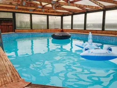 a large swimming pool with two inflatable animals in it at The Willows in Ellesmere