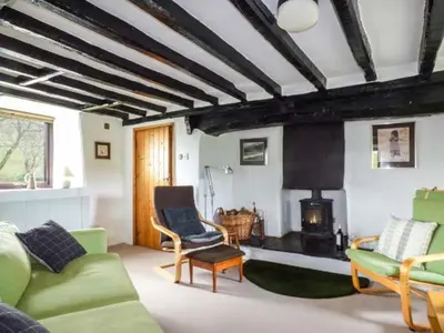 a living room with a couch and a fireplace at Ty Uchaf in Llangwm