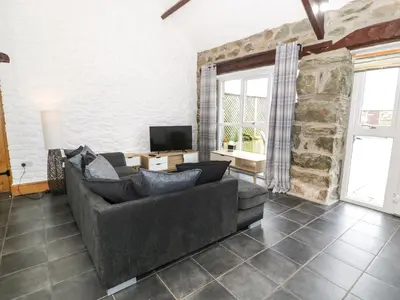 a living room with a couch and a tv at Bwthyn Bach in Llanddwywe