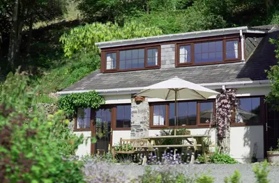 a house with a table and an umbrella in front of it at Kilsby Cottage in Llanwrtyd Wells