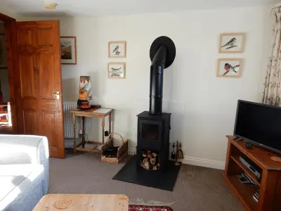 a living room with a wood stove in the corner at Kilsby Cottage in Llanwrtyd Wells