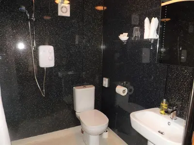 a bathroom with a white toilet and a sink at Wye Cottage in Builth Wells