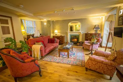 a living room with red furniture and a fireplace at The Drovers Bed and Breakfast in Llandovery