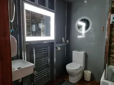 a bathroom with a toilet and a sink and a window at Castle Lodge - Brecon Beacons Accommodation in Sennybridge
