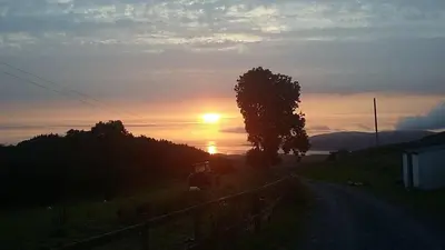 a sunset on a road with a fence and a tree at Bwlcheinion Sea View Glamping in Machynlleth