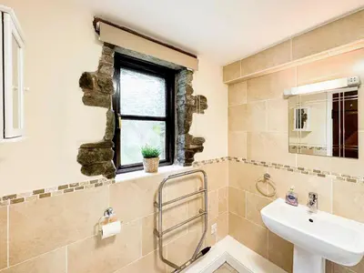 a bathroom with a sink and a toilet and a window at Kite 1 - Uk6549 in Llanfihangel-Bryn-Pabuan