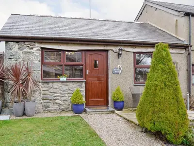a house with a wooden door and some plants at Bwthyn Bach in Dyffryn