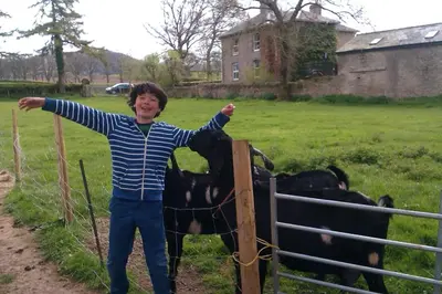 a boy standing in front of a fence next to a cow at Glanwye in Hay-on-Wye