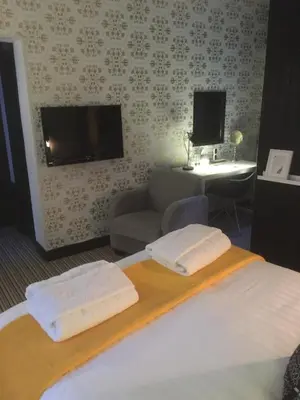 a bedroom with a bed and a couch and a tv at Greenbank Lodge LLANGOLLEN in Llangollen