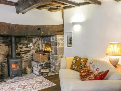 a living room with a couch and a fireplace at Fern House in Craven Arms