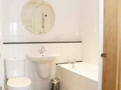 a bathroom with a toilet and a sink and a mirror at Acorn Cottage 1 in Petton