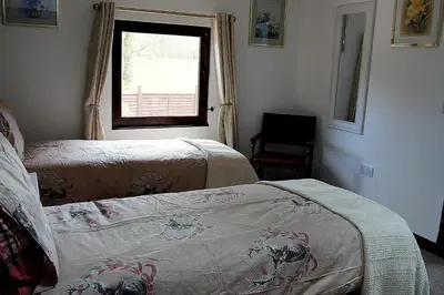 a bedroom with two beds and a window at Arrowwood Self Catering (Wagtail and Nuthatch) in Kington