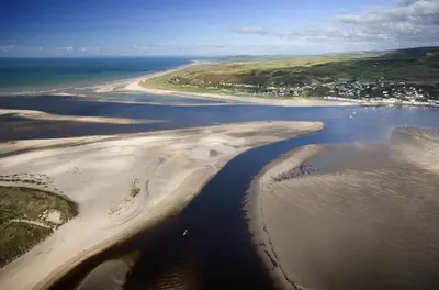an aerial view of a beach and the ocean at 5 Bed in Machynlleth oc-bow30 in Darowen