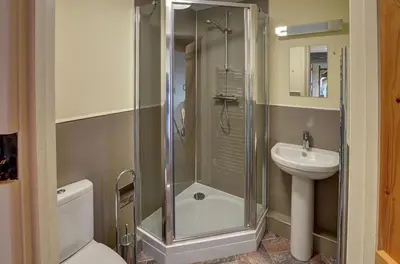 a bathroom with a shower and a toilet and a sink at 1 Bed in Llandinam oc-waa376 in Llandinam