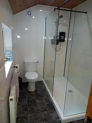 a bathroom with a toilet and a glass shower at Hilltop Cottage/ Penrhiw in Maentwrog