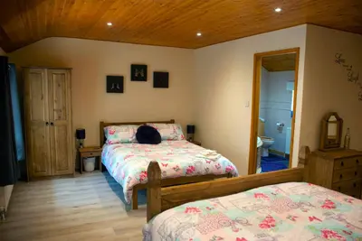 a bedroom with two beds and a cat sitting on a bed at Hilltop Cottage/ Penrhiw in Maentwrog