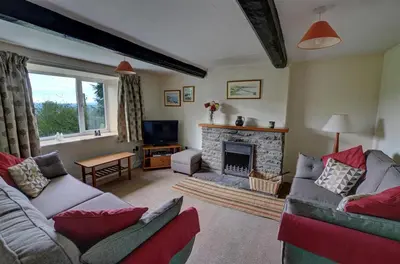 a living room with a couch and a fireplace at 4 Bed in Presteigne oc-wak235 in Norton