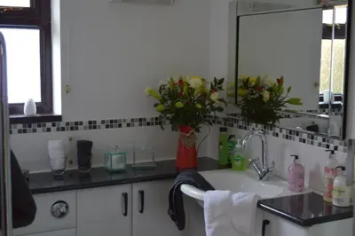 a kitchen with a sink and a vase of flowers at Smithfield Farm Bed & Breakfast in Builth Wells