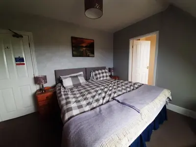 a bedroom with a large bed with a checkered blanket at Cadwgan House in Dyffryn