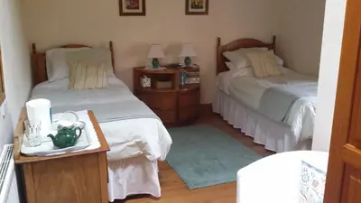 a bedroom with two beds and two tables with lamps at The Granary in Talgarth