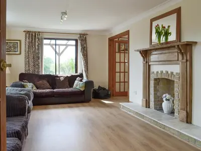 a living room with a couch and a fireplace at Three Views Bungalow in Talgarth