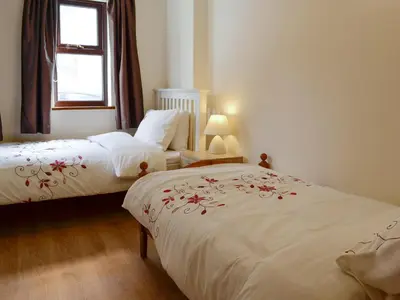 a bedroom with two beds and a window at Three Views Bungalow in Talgarth