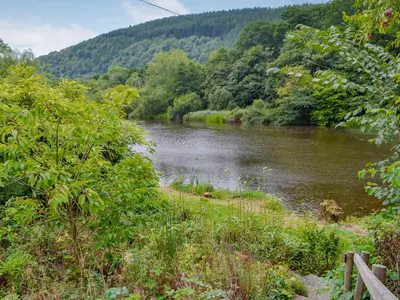 a river surrounded by trees and a hill with a forest at Wye Lodge in Aberedw