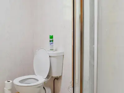 a bathroom with a toilet with a bottle of cleaner on it at Edw Lodge in Aberedw
