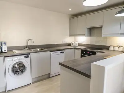 a kitchen with white cabinets and a sink and a dishwasher at Y Cilgwyn in Blaenau-Ffestiniog
