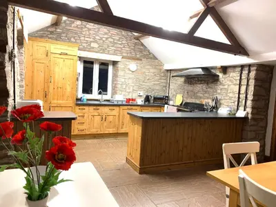 a kitchen with wooden cabinets and a kitchen island with red flowers at Llwyn Llwyd Cottage in Brecon