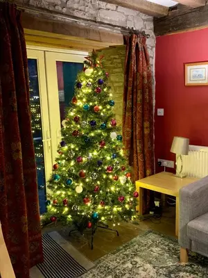 a christmas tree is in a living room at Llwyn Llwyd Cottage in Brecon