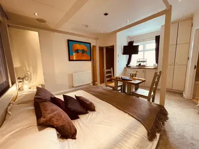 a bedroom with a large bed with pillows on it at The Stowe in Shrewsbury