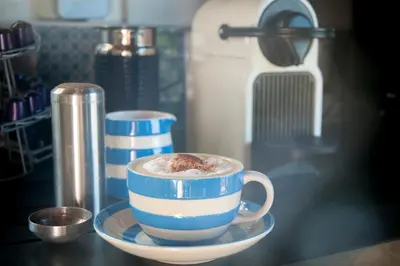 a cup of coffee on a plate on a counter at Little Kestrel Cabin in Pennal