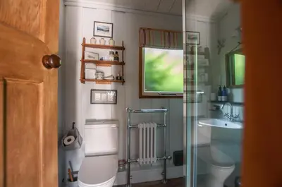 a bathroom with a toilet and a sink at Little Kestrel Cabin in Pennal