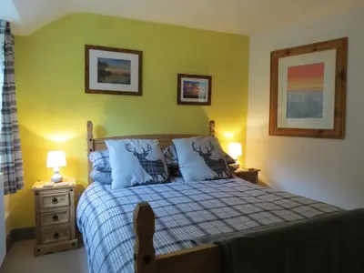a bedroom with a bed with blue pillows and green walls at Yr Hen Farcdy in Talsarnau