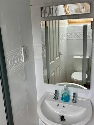 a bathroom with a sink and a mirror and a toilet at The Workshop in Aberystwyth