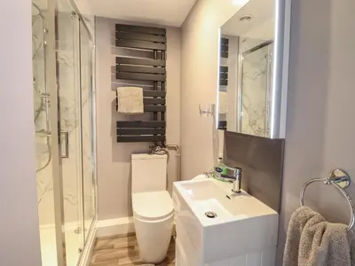 a bathroom with a toilet and a sink and a shower at Pengwern in Pennant-Melangell