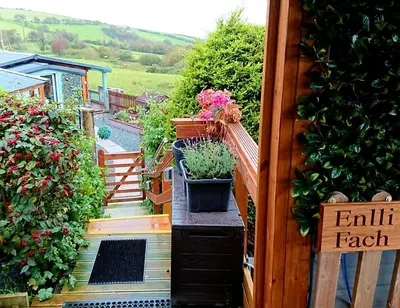 a garden with potted plants on a wooden deck at Enlli Fach cabin sleep's 2 adults and 2 children 2 dogs welcome not suitable for contract workers due to parking height restrictions in Borth