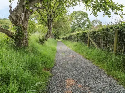 a gravel path with trees and a fence at Dingle Den in Hereford
